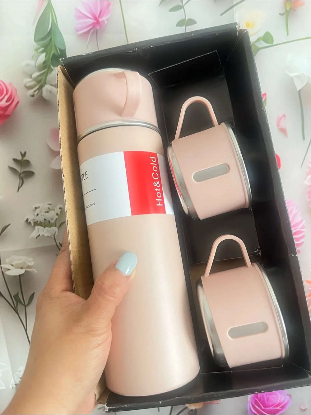 Pink Stainless Steel Thermos Bottle with 2 Cups - Women Skincare Gift